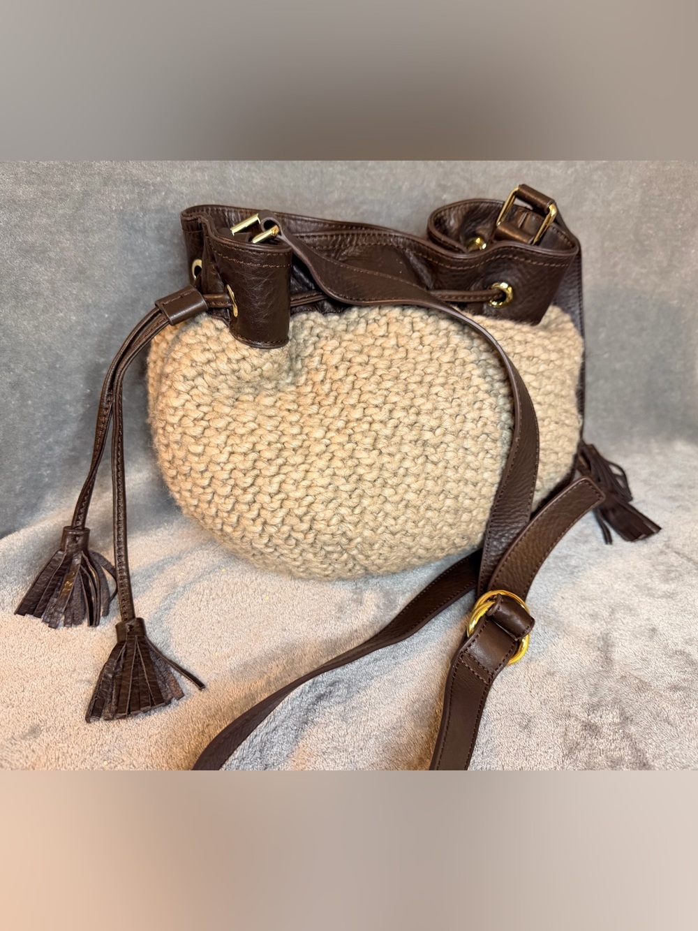 UGG Cable Knit Lambswool and Yak Drawstring Hobo w/ Brown Leather Trim - Picture 5 of 12